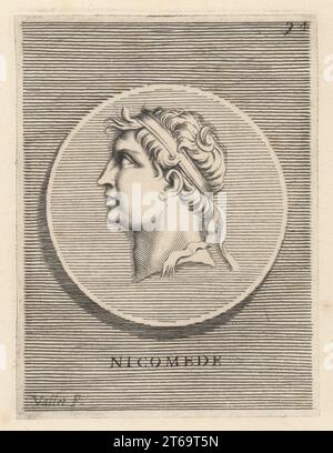 Nicomède II Épiphane, roi de Bithynie de 149 à c. 127 av. J.-C.. Fils de Prusias II et Apame IV Tête d'un homme portant un diadème royal d'une médaille de bronze. Nicomède. Gravure sur cuivre de Guillaume Vallet d'après Giovanni Angelo Canini de Iconografia, cioe disegni d'imagini de famosissimi monarchi, regi, filososi, poeti ed oratori dell' Antichita, dessins d'images de monarques célèbres, rois, philosophes, poètes et orateurs de l'Antiquité, Ignatio deLazari, Rome, 1699. Banque D'Images