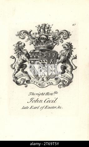 Armoiries et écusson du très honorable John Cecil, 6ème comte d'Exeter, 1674-1721. Gravure de Copperplate par Andrew Johnston après C. Gardiner de Notitia Anglicana, Shwing leurs réalisations de toute la Noblesse anglaise, Andrew Johnson, The Strand, Londres, 1724. Banque D'Images