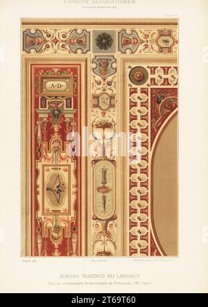 Partie de la peinture ornementale du plafond dans la salle des chevaliers, Château de Trausnitz, Landshut, Allemagne, 16e siècle. Theil der ornamentalen Deckenmalerei im Rittersaale, Schloss Trausnitz BEI Landshut XVI Jahrh. Chromolithographie par I. Wagner de Ernst Ewalds Farbige decorationen, Alter und Never Zeit (Décoration des couleurs, époques anciennes et nouvelles), Ernst Wasmuth, Berlin, 1889. Banque D'Images