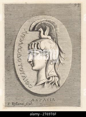 Aspasia, née à Milet, elle déménage à Athènes et a une relation avec l'homme d'État Périclès, 5e siècle av. J.-C.. Porter un casque avec un griffon soutenant un écusson. Avec des lettres grecques indiquant un cadeau d'Apollon d'une pierre précieuse. Aspasia con Griso sopra l'Elmo. Gravure sur cuivre de Joseph Testana d'après Giovanni Angelo Canini de Iconografia, cioe disegni d'imagini de famosissimi monarchi, regi, filososi, poeti ed oratori dell' Antichita, dessins d'images de monarques célèbres, rois, philosophes, poètes et orateurs de l'Antiquité, Ignatio deLazari, Rome, 1699. Banque D'Images