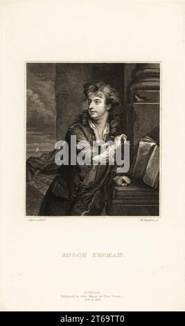 Portrait d'Enoch Seeman le Jeune, portraitiste de Dantzig amené à Londres par son père peintre, 1694-1744. Enoch Zeeman. Gravure sur acier de W. Raddon d'après un autoportrait de Seeman d'Edward Walmsleys Physiognomical Portraits, cent personnages distingués, John Major, Londres, 1827. Banque D'Images