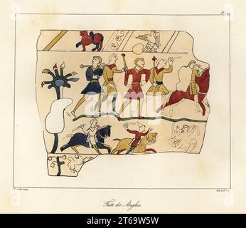 Les soldats anglo-saxons fuient le champ de bataille après la bataille de Hastings. Les soldats anglais avec des maces s'enfuient à pied ou sur des chevaux volés. Scène de la Tapisserie de Bayeux représentant la conquête normande 1066. Fuite des Anglais. Lithographie colorée à la main par le méchant d'après une illustration d'Horace de Viel-Castel de sa Collection des costumes, armes et meubles pour servir à l'histoire de la France (Collection de costumes, armes et meubles à utiliser dans l'histoire de la France), Teuttel & Wurtz, Bossange, 1829. Banque D'Images