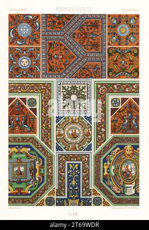 Art Renaissance : carreaux émaillés. Tuiles pentagonales 1-3, tuiles carrées 4-8, pavés incrustés 9-14 et tuiles simples 15-18 du Château de Polisy, Aube. Chromolithographie finie à la main par Pralon de Albert-Charles-Auguste ratinettes LOrnement Polychrome, (ornement polychromatique), Firmin-Didot, Paris, 1869-73. Banque D'Images