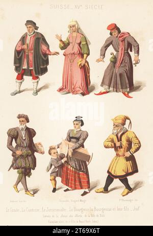 Costumes suisses, 15e siècle. Comte, comtesse, jurisconsulte, bourgeois, femme bourgeoise avec berceau et fils, homme juif. Suisse, 15e siècle. Le comte, comtesse, jurisconsulte, bourgeois, bourgeoise et leurs fils, juif. Suisse, XVe siecle. De danse des morts à Bâle. Chromolithographie de P. Thurwanger d'après une illustration de Ferdinand Sere de Charles Louandres les Arts psychiatriques, les Arts sommaires, Hangard-Mauge, Paris, 1858. Banque D'Images