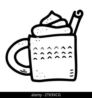 Doodle Cozy illustration vectorielle de nourriture scandinave. Tasse de contour avec boisson chaude, mousse, crème, cannelle. Lait de poule, café, cacao, chocolat, lait sur blanc Illustration de Vecteur