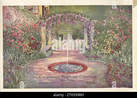 Page de titre avec vue sur le paysage d'un jardin surcultivé avec fontaine, arc de wisteria, fleurs et arbustes. Chromolithographe par un artiste inconnu du catalogue de produits de la California Perfume Company (plus tard Avon), New York, Kansas, Montréal, 1927. Banque D'Images