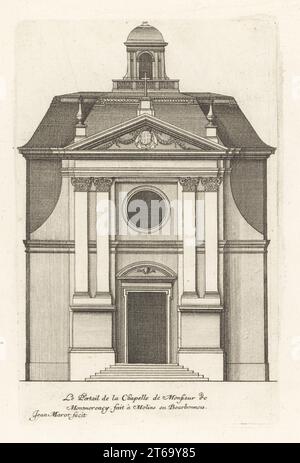 L'entrée de la Chapelle de la Visitation, Chapelle Saint-Joseph, mausolée de style classique construite par Marie-Felicie des Ursin pour son mari Henri II, duc de Montmorency, Moulins, Bourbonnais. Le Portail de la Chapelle de Monsieur de Montmorency a fait un Molins en Bourbonnois. Gravure de coperplate dessinée et gravée par Jean Marot de son Recueil des plans, Profils et élévations de plusieurs Palais, Châteaux, Églises, Septures, Grotes et Hôtels, Collection de plans, profils et élévations de palais, châteaux, églises, tombes, grottes et hôtels, chez Mariette, Paris, 1655. Banque D'Images