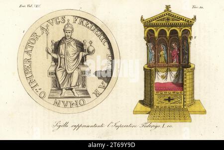 Portrait de Frédéric Ier, empereur romain germanique, d'après son sceau. Il est assis sur un trône avec couronne, sceptre et orbe. Trône du HRE à droite. Sigillo rappresentante lImperatore Federigo I. Gravure sur cuivre colorée à la main par Roberti de Giulio Ferrarios costumes ancien et moderne des peuples du monde, il Costume Antico e Moderno, Florence, 1844. Banque D'Images