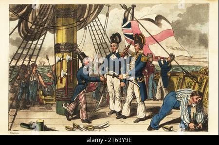 Captain Spring fait de l'aspirant Newcome son aide de camp et lui tend son épée sur le quart de pont du HMS Victory. Les marins nettoient le pont, préparent des épées et des armes, chargent des canons. Quarterdeck avant la bataille. Gravure sur cuivre colorée à la main d'après une illustration de Charles Williams de John Mitfords Adventures of Johnny Newcome in the Navy, Londres, 1819. Banque D'Images