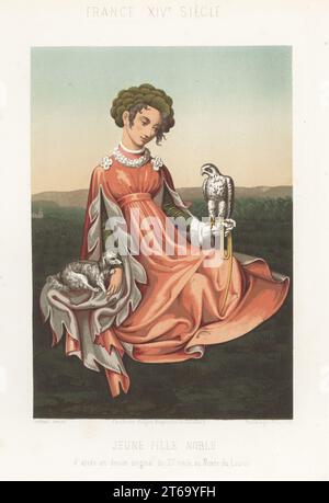 Jeune femme noble, France, 15e siècle. Avec chien de tour et falcon. En robe avec de longues manches coupées appelées manches d'ange ou manches à l'ange. D'après un dessin original au Louvre par un artiste inconnu. Jeune fille noble, France, XVe siecle. Chromolithographie des frères Thurwanger d'après une illustration de Ferdinand Sere de Charles Louandres les Arts psychiatriques, les Arts sommaires, Hangard-Mauge, Paris, 1858. Banque D'Images