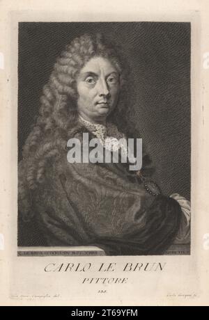 Charles le Brun, peintre français, physiologiste, théoricien de l'art, directeur de plusieurs écoles d'art et peintre de cour du roi Louis XIV, 1619-1690. Carlo le Brun, Pittore. Gravure sur plaque de coperplate par Carlo Gregori d'après Giovanni Domenico Campiglia après un autoportrait de l'artiste du Museo Florentino de Francesco Moucke, série di Ritratti de Pittori (série de Portraits de Peintres) stampia Mouckiana, Florence, 1752-62. Banque D'Images