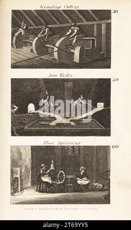Métiers à Regency England : meulage de couverts, travaux de fer et filature de lin. Ouvriers assis à des meules dans une usine de coutellerie à Sheffied 58, ouvriers coulant de la fonte dans des moules dans une ferronnerie Rotherham 59 et femmes filant du lin ou du chanvre dans un cottage à Snaith 60. Gravure sur bois du révérend Isaac Taylors scènes de la richesse britannique, dans Produce, Manufacture and Commerce, John Harris, Londres, 1823. Isaac Taylor était un écrivain, artiste, graveur et inventeur anglais de 1787 à 1865. Banque D'Images