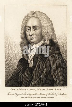 Colin Maclaurin, 1698-1746, enfant prodige écossais et mathématicien qui a apporté d'importantes contributions à la géométrie et à l'algèbre. Colin MacLaurin, professeur de mathématiques à Édimbourg. D'après une peinture originale de James Ferguson dans la collection du comte de Buchan. Gravure sur cuivre de Thomas Trotter de John Smiths Iconographia Scotica, ou portraits d'illustres personnages d'Écosse, Robert Wilkinson, 58 Cornhill, Londres, 1798. Banque D'Images