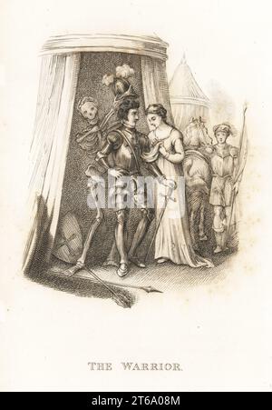 Le squelette de la mort et le guerrier. La mort aide le chevalier à mettre son gouvernail à plumeaux avant un tournoi. Le chevalier porte une armure de plaque complète et tient une épée. Il se tient devant une tente et une dame lui offre un mouchoir. Illustration dessinée et gravée sur acier par Richard Dagley de ses propres morts Doings, composée de nombreuses compositions originales en vers et en prose, J. Andrews, Londres, 1827. Dagley (1761-1841) était un peintre, illustrateur et graveur anglais. Banque D'Images