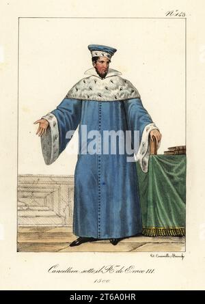 Costume de chancelier de France, 1580. En bonnet de velours et robe doublée d'hermine. Peut-être le cardinal René de Birague, chancelier à partir de 1573-1583 sous le règne du roi Henri III Chancelier sous le règne de Henry III Lithographie coloriée à la main de Lorenzo Bianchi et Domenico Cuciniello d'après Hippolyte Lecomte de Costumi civili e militari della monarchia francese dal 1200 al 1820, Naples, 1825. Édition italienne des costumes civils et militaires Lecomtes de la monarchie française de 1200 à 1820. Banque D'Images