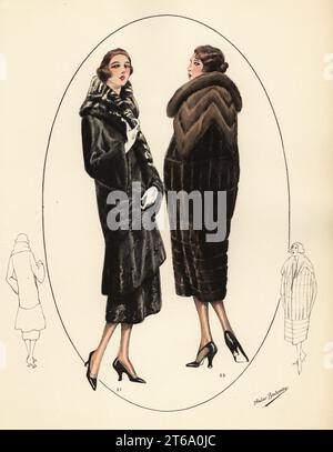 Femmes à la mode avec coupes courtes en bob et manteaux de fourrure de luxe. Peau de poney noire avec collier de chat lyra, manteau de poulain noir 21. Enveloppe Moleskin à col de lapin, cape en taupe 22. Lithographie de couleur main de modèles originaux de Fourrures, modèles originaux en fourrure, n° 17, atelier Bachwitz, Vienne, 1926. Banque D'Images