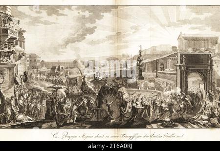 Gnaeus Pompeius Magnus sur un énorme char tiré par des éléphants dans une procession triomphale. Devant lui, des soldats et des musiciens défilent et des centaines d'otages en costume national des royaumes conquis. Le Triomphe de Pompée à Rome, 61 av. J.-C., imitant le général Aemilius Paullus Macedonicus. Triomphe de Pompee dans Rome, a l'imitation de celui de Paul-Emile. Gravure sur cuivre par J. Blaschke d'après un dessin de Gabriel de St. Aubin du Professeur Joseph Rudolf Zappes Gemalde aus der romischen Geschichte, Images d'Histoire romaine, Joseph Schalbacher, Vienne, 1800. Édition allemande de l'Abbe Claude Franco Banque D'Images