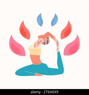 Une fille dans une posture de colombe pratique le yoga. Belle illustration plate vectorielle multicolore Illustration de Vecteur