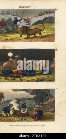 Chasse aux lions dans les États barbaresques 10, chameaux et chauffeurs dormant dans le désert 11, et Arabes invitant les voyageurs à dîner 12. Gravure sur cuivre colorée à la main de scènes du révérend Isaac Taylors en Afrique pour le divertissement et l'instruction de petits voyageurs Tarry-at-Home, Harris et son, Londres, 1820. Banque D'Images