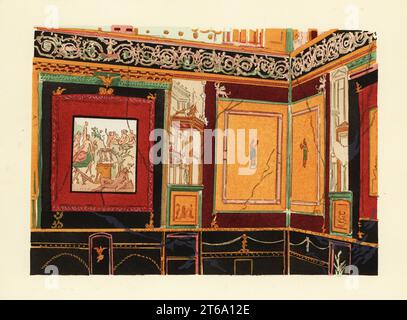 Exedra dans l'atrium de la Maison de Siricus, Pompéi. Avec des peintures d'Erato et d'autres muses. Quatrième style de Pompeian. Maison de Siricus, région IV.I.47. Style de Quatrieme. Pochoeur de couleur main (pochoir) lithographie de Pierre Guzman de sa propre Décoration murale a Pompei, (décoration murale à Pompéi), Éditions Albert Morance), Paris, 1924. Banque D'Images