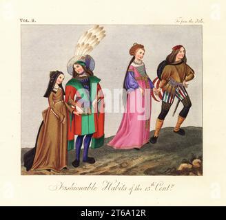 Habitudes à la mode du 15e siècle. Hommes en doublets, manteaux avec manches fendues, capuchons de tuyau et plumes, femmes en coiffes nettes et robes longues. Cortoisie invite LAmans à la rejoindre avec d'autres couples dans une danse du manuscrit enluminé Roman de la Rose de Guillaume de Lorris et Jean de Meun, vers 1490, Harley MS 4425, f.14v. Gravure coloriée de Joseph Strutt tirée de son ouvrage Complete View of the Dress and habits of the People of England, Henry Bohn, Londres, 1842. Banque D'Images