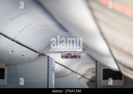 Boîte lumineuse de signe de sortie dans l'avion de passagers, échapper mode de vie. moyen de survivre concept. Banque D'Images
