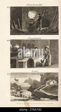 Métiers dans Regency England : forgeron, Jappanner et chèvres. Forgeron avec marteau et enclume devant une forge dans la Forêt de Dean 43, homme montrant un plateau japanné ou laqué dans Pontypool 44, et chèvres sauvages dans les collines Pembroke 45. Gravure sur bois du révérend Isaac Taylors scènes de la richesse britannique, dans Produce, Manufacture and Commerce, John Harris, Londres, 1823. Isaac Taylor était un écrivain, artiste, graveur et inventeur anglais de 1787 à 1865. Banque D'Images