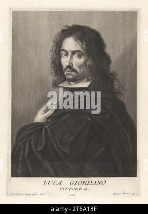 Luca Giordano, peintre italien de fin-baroque et graveur en gravure, 1634-1705. Appelé Fa Presto, a travaillé pour le Grand-Duc Cosmo III à Florence et le Roi Charles II d'Espagne. Luca Giordano, Pittore. Gravure sur plaque de coperplate par Rocco Pozzi d'après Giovanni Domenico Campiglia après un autoportrait de l'artiste du Museo Florentino de Francesco Moucke, Serie di Ritratti de Pittori (série de Portraits de Peintres) stampia Mouckiana, Florence, 1752-62. Banque D'Images