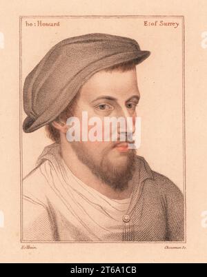 Henry Howard, comte de Surrey, poète exécuté pour trahison 1517-1547. Mal étiqueté Tho: (Thomas) Howard, E; de Surrey. Gravure à l'effigie d'un copperplate de couleur main par Thomas Cheesman après un portrait de Hans Holbein le plus jeune imprimé sur papier rose à partir d'imitations de dessins originaux de Hans Holbein, John Chamberlaine, Londres, 1812. Banque D'Images