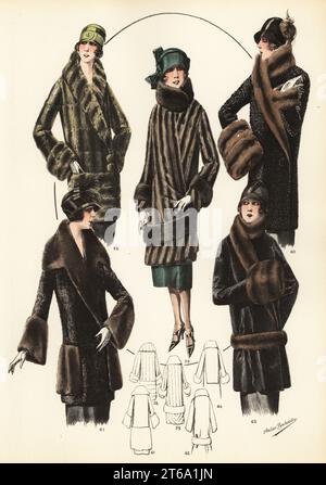 Les femmes à la mode sont vêques, courtes coupes de bob et vestes de fourrure de luxe. Manteaux d'écureuil volant de longueur genou 58, chinhcilla 59, agneau perse 60, karakul 61 et poney 62. Lithographie de couleur main de modèles originaux de Fourrures, modèles originaux en fourrure, n° 17, atelier Bachwitz, Vienne, 1926. Banque D'Images