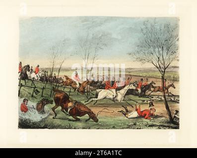 Anglais gentleman tombant à une ha-ha ou une clôture en contrebas pendant une chasse au renard. Mytton est tombé et a été blessé le jour de Shavington, le 7 avril 1829. Un squire-trap, par Jove, pleure Mytton. Un peu plus et j'aurais dû le faire! Télécopie Chromolithographique d'une illustration de Henry Thomas Alken de Memoirs of the Life of the late John Mytton de Nimrod aka Charles James Apperley, Kegan Paul, Londres, 1900. Banque D'Images