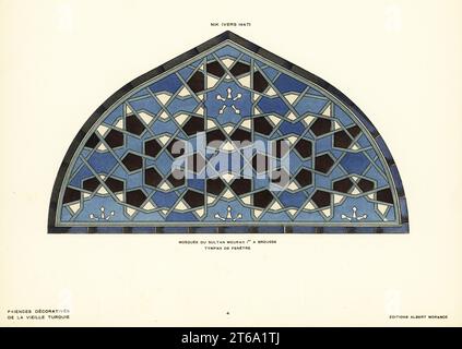 Tympan de fenêtre en carreau de céramique avec motif de treillis décoratif dans la mosquée de Murad I, sultan ottoman, à Bursa, fabriqué à Nik, Turquie, circa 1447. Mosquée du Sultan Mourad 1er a Brousse, Tympan de fenetre. Nik (vers 1447). Pochoir lithographie coloriée à la main d'Alexandre Raymonds Faience Decorative de la Vieille Turquie, Poterie décorative de la Turquie antique, Editions Albert Morance, Paris, 1927. Banque D'Images