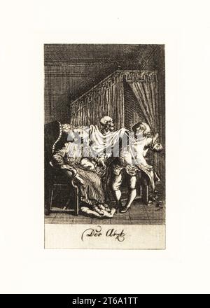 Le squelette de la mort vient pour un docteur de cack. Le médecin tend à un homme malade dans les vêtements de nuit dans sa chambre. Mais la figure de la mort dans une feuille saisit le collier du médecin. Der Arzt. Gravure en coperplate dessinée et gravée par Daniel Nikolaus Chodowiecki d'une série de danse de la mort, publiée à l'origine dans le calendrier de Lavenburg en 1792. Réimprimé à Totentanz à partir des plaques originales de Walther Nithack-Stahn, Eigenbrodler Verlag, Berlin, 1926. Banque D'Images