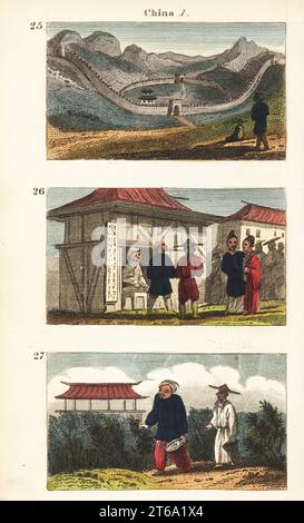 Vues historiques de la Chine. Vue de la Grande Muraille de Chine 25, scène de rue dans une ville chinoise avec des commerçants et des clients 26, et des ouvriers ramassant des feuilles de l'usine de thé, Camellia sinensis 27. Gravure sur cuivre colorée à la main de scènes du révérend Isaac Taylors en Asie, pour le divertissement et l'instruction de petits voyageurs Tarry-at-Home, John Harris, Londres, 1819. Banque D'Images