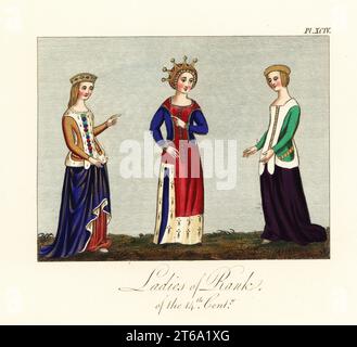 Dames de rang du XIVe siècle. Robe de chambre en diadem et couronne, robes bordées d'hermine décorées de pierres précieuses de Giovanni Boccaccio de claris mulieribus, Royal MS 16 G v, Abbé Lytlington's Missal à Westminster, et Royal MS 20 C i. Gravure faite à la main par Joseph Strutt de sa vue complète de la robe et des habitudes du peuple d'Angleterre, Henry Bohn, Londres, 1842. Banque D'Images