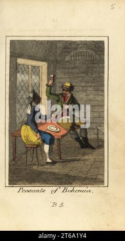 Paysans de Bohême buvant du vin dans une taverne, 1818. Gravure sur cuivre colorée à la main de Mary Anne Vennings A Geographical Present Being descriptions of the principal Countries of the World, Darton, Harvey et Darton, Londres, 1818. Venning a écrit des livres éducatifs sur la géographie, la conchologie et la minéralogie au début du 19e siècle. Banque D'Images