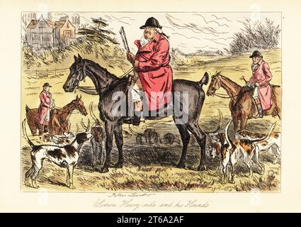 English huntsman dans la chasse roses assis sur un cheval avec une meute de chiens de renard, 19e siècle. Simon Heavy-Side et ses chiens. Gravure sur acier colorée à la main d'après une illustration de John Leech de Robert Smith Surtees M. Facey Romfords Hounds, Bradbury, Evans and Co., Londres, 1865. Leech (1817-1864) était un caricaturiste et illustrateur anglais connu pour son travail pour le magazine Punch. Banque D'Images