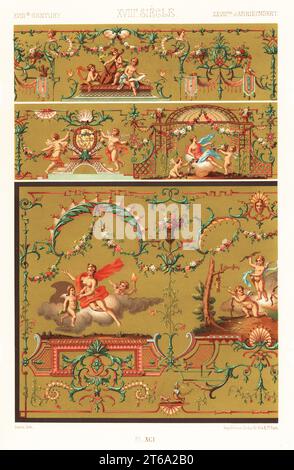 Peinture décorative, 18e siècle. Fragments d'un tableau sur clavecin doré dans le style de Claude Gillot et Watteau. XVIIIme Siecle. Chromolithographie finie à la main par F. Durin de Albert-Charles-Auguste ratinettes LOrnage Polychrome, (ornement polychromatique), Firmin-Didot, Paris, 1869-73. Banque D'Images