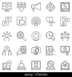 Jeu d'icônes de contour d'influence du support. Vecteurs influenceurs ou symboles linéaires de concept de marketing des médias sociaux Illustration de Vecteur