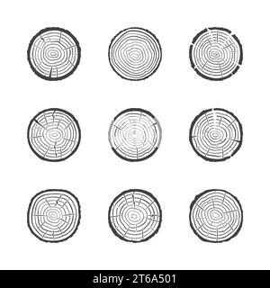 Ensemble d'icônes de concept d'anneaux de croissance d'arbre. Vector Saw Cut Trunk symboles ou éléments de conception Illustration de Vecteur