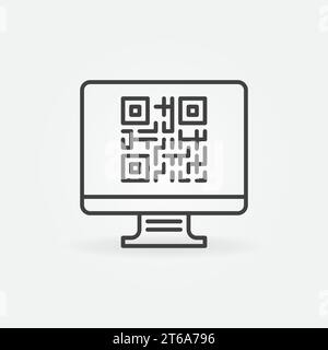 Ordinateur avec code QR sur l'icône de concept de vecteur d'écran ou symbole dans le style de ligne mince Illustration de Vecteur