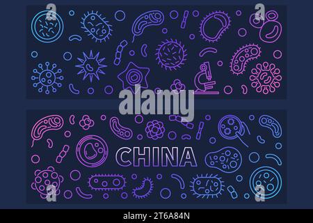 Ensemble de bannières horizontales colorées de contour de concept de vecteur de virus de Chine Illustration de Vecteur