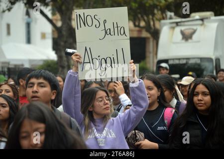 CUENCA-PLANTON-por ABIGAL DESAPARECIDA Cuenca, Ecuador 9 de noviembre de 2023 Decenas de estudiantes de la Universidad de Cuenca salieron la manana de hoy para exigir la busqueda de Abigail Supligüicha Carchi, de 19 anos de edad. El planton inicio desde las instalaciones de la universidad, recorrio algunas calles y llego hasta los exteriores de la Gobernacion del Azuay. foto Boris Romoleroux/API. SOI-CUENCA-PLANTON-PORABIGALDESAPARECIDA-0b207f1dbe8b459bc3a518454f0e8f19 *** CUENCA PLANTON POUR DISPARU ABIGAL Cuenca, Équateur 9 novembre 2023 des dizaines d'étudiants de l'Université de Cuenca sont venus o Banque D'Images