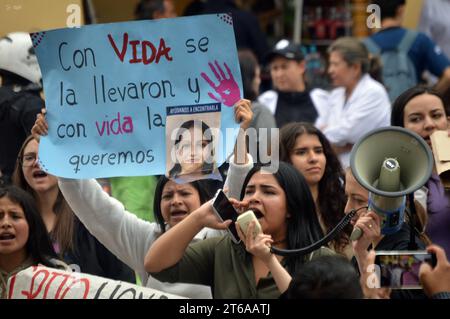 CUENCA-PLANTON-por ABIGAL DESAPARECIDA Cuenca, Ecuador 9 de noviembre de 2023 Decenas de estudiantes de la Universidad de Cuenca salieron la manana de hoy para exigir la busqueda de Abigail Supligüicha Carchi, de 19 anos de edad. El planton inicio desde las instalaciones de la universidad, recorrio algunas calles y llego hasta los exteriores de la Gobernacion del Azuay. foto Boris Romoleroux/API. SOI-CUENCA-PLANTON-PORABIGALDESAPARECIDA-b84aec2e0fbc4777164285da1f9da2c6 *** CUENCA PLANTON POUR DISPARU ABIGAL Cuenca, Équateur 9 novembre 2023 des dizaines d'étudiants de l'Université de Cuenca sont venus Banque D'Images