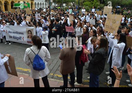 CUENCA-PLANTON-por ABIGAL DESAPARECIDA Cuenca, Ecuador 9 de noviembre de 2023 Decenas de estudiantes de la Universidad de Cuenca salieron la manana de hoy para exigir la busqueda de Abigail Supligüicha Carchi, de 19 anos de edad. El planton inicio desde las instalaciones de la universidad, recorrio algunas calles y llego hasta los exteriores de la Gobernacion del Azuay. foto Boris Romoleroux/API. SOI-CUENCA-PLANTON-PORABIGALDESAPARECIDA-180f4422ca113272415f952144bf5639 *** CUENCA PLANTON POUR DISPARU ABIGAL Cuenca, Équateur 9 novembre 2023 des dizaines d'étudiants de l'Université de Cuenca sont venus Banque D'Images