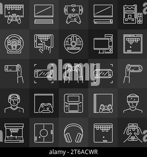 Collection d'icônes de concept linéaire de jeux vidéo. Manettes de jeu, consoles, signes linéaires de vecteur de jeu sur fond sombre Illustration de Vecteur