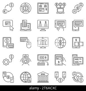 Jeu d'icônes de contour des services bancaires en ligne. Symboles Vector Internet ou Mobile Banking concept argent. Signes de ligne paiement et transactions Illustration de Vecteur