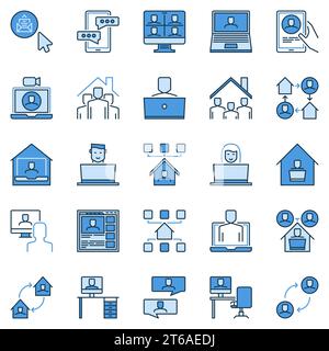 Icônes créatives bleues Work at Home. Travailler à partir de la collection de signes vectoriels Home Illustration de Vecteur