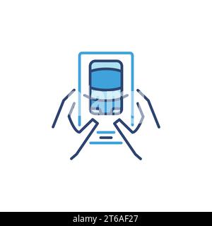 Voiture sans conducteur connectée via l'icône bleue de concept de vecteur de smartphone ou élément de logo Illustration de Vecteur