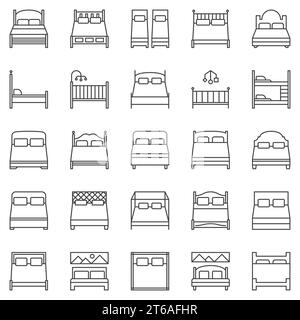 Ensemble d'icônes de contour de lit - vecteurs symboles de concept de lits doubles et simples. Enseignes de la ligne de lit Illustration de Vecteur